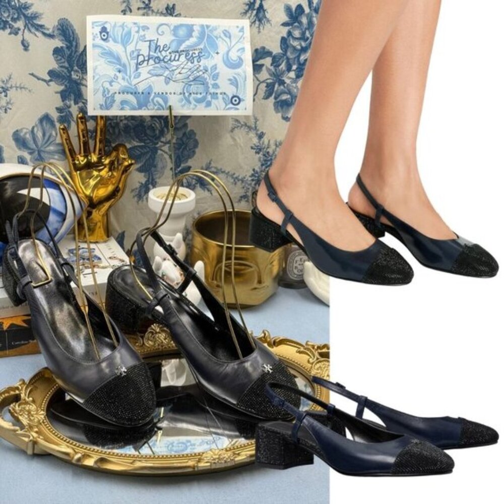 🆕 TORY BURCH 🧿 NWOB Cap-Toe Pavé Slingback Pump, Black & Navy - Sz 7M